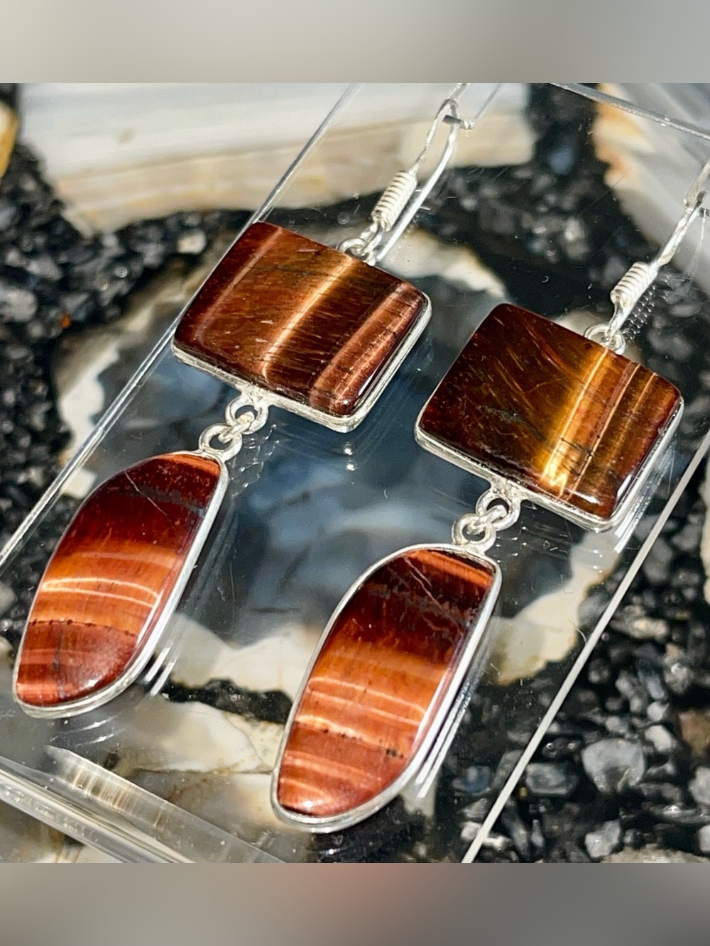 Red  Chatoyant Tiger Eye Crystal Earrings 2 1/2”